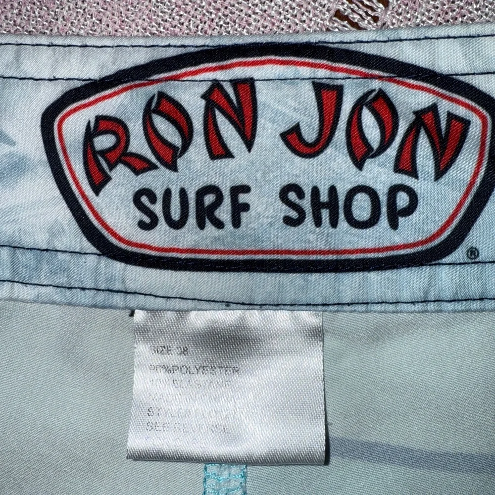 Ron Jon Surf Shop Men’s Board Shorts Swim Trunks Blue Teal Wave Print Sz 38